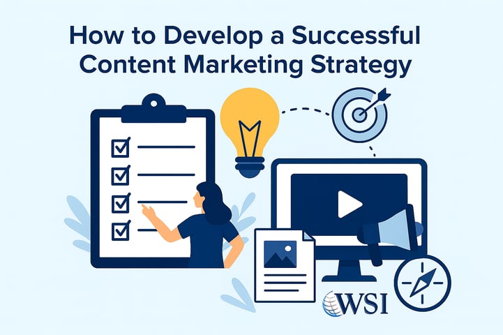 Checklist graphic on how to build a guide to content marketing using strategy, content, and distribution.